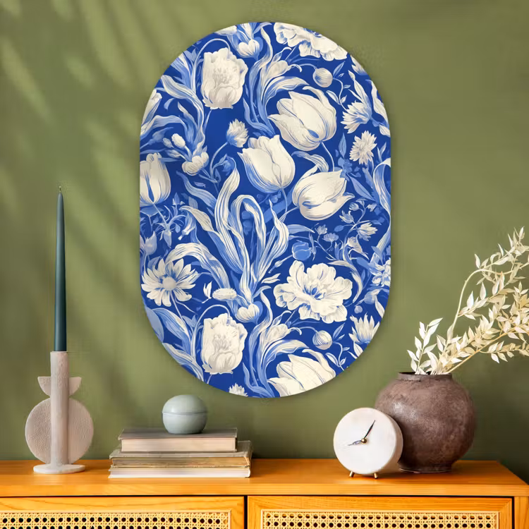 Glasbild Oval - Blumen - Delfter Blau - Muster - Tulpe — 2