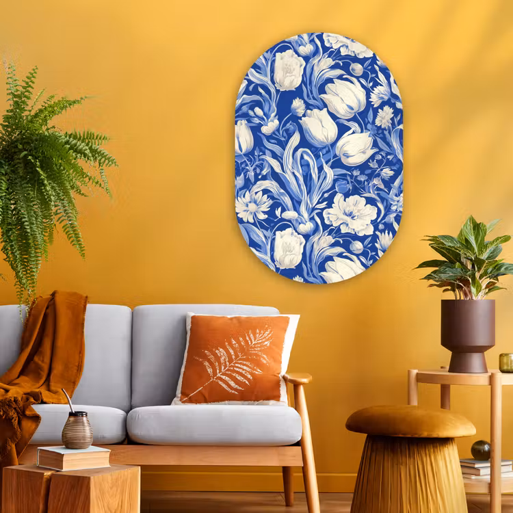 Glasbild Oval - Blumen - Delfter Blau - Muster - Tulpe — 3
