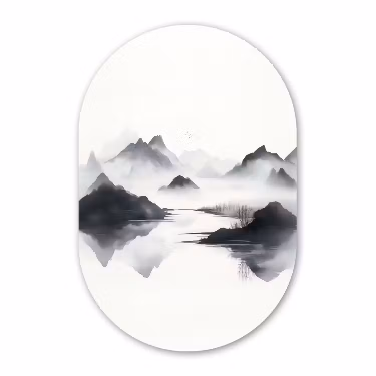 Glasbild Oval - Berge - Neblig - Wasser - Weiß — 1