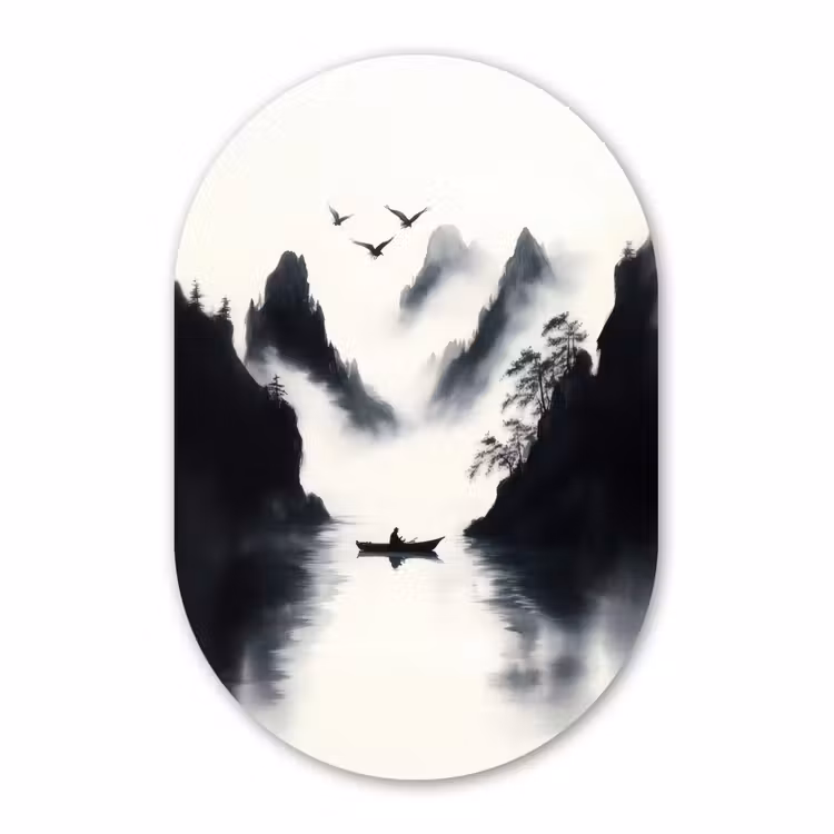 Glasbild Oval - Ruderboot - Neblig - Berge - Vögel — 1