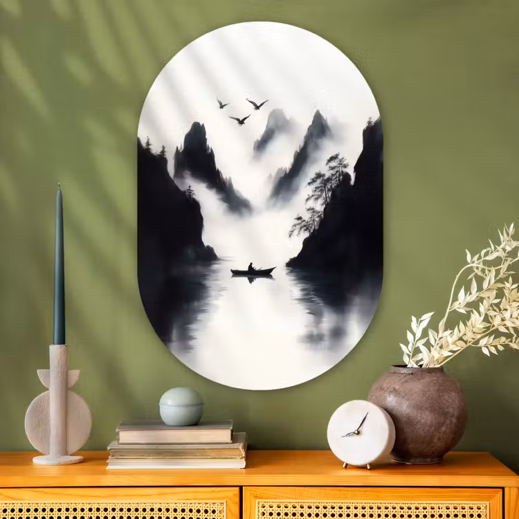Glasbild Oval - Ruderboot - Neblig - Berge - Vögel — 2