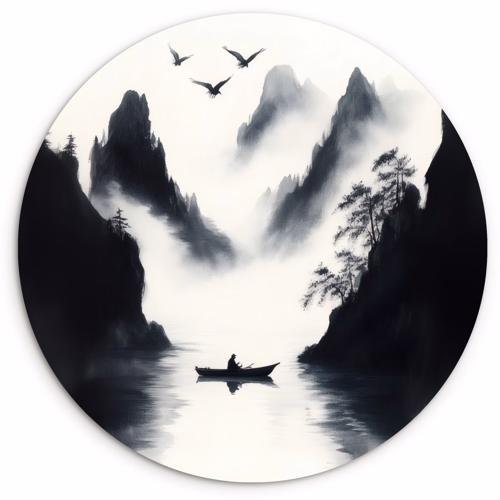 Forexbild Rund - Ruderboot - Neblig - Berge - Vögel — 1
