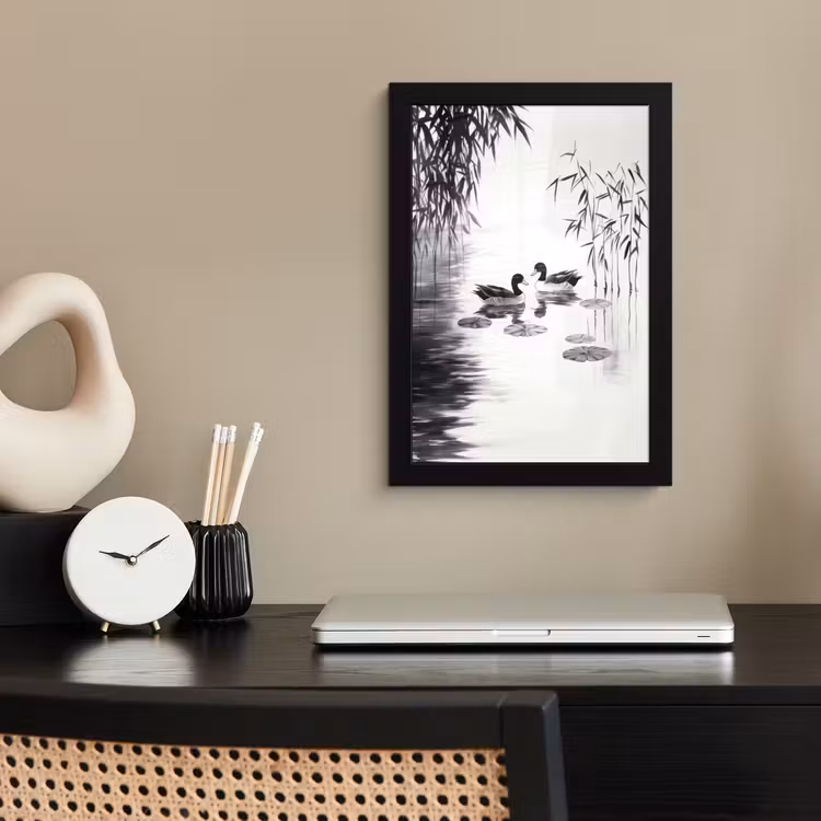 Bilder mit Rahmen - Enten - Seerosen - Schilf - Schwarz — 2