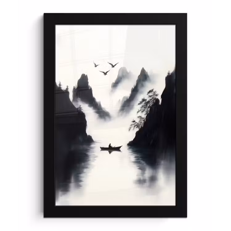 Bilder mit Rahmen - Ruderboot - Neblig - Berge - Vögel — 1