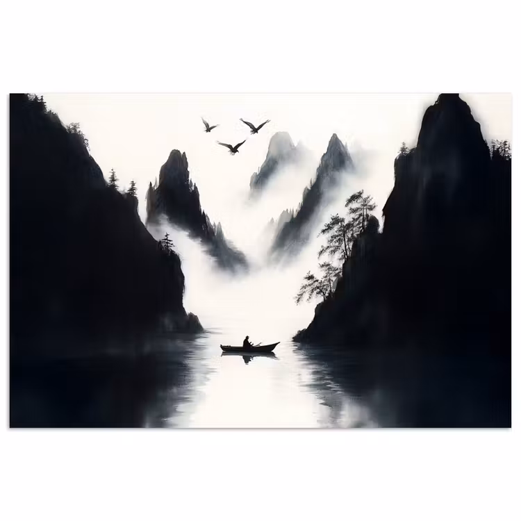Poster - Ruderboot - Neblig - Berge - Vögel — 1