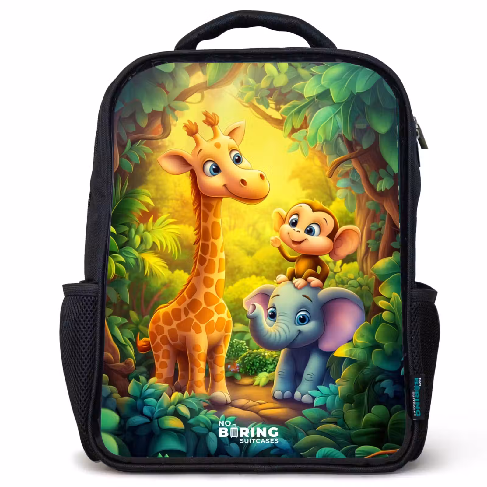 Kinderrucksack - Schwarz - Giraffe, Elefant und Affe im Wald — 1