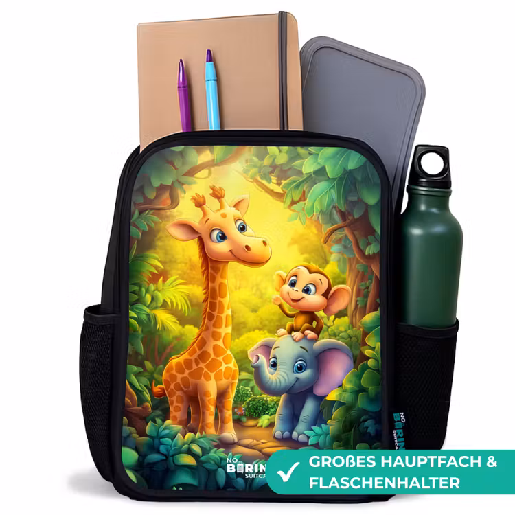 Kinderrucksack - Schwarz - Giraffe, Elefant und Affe im Wald — 10