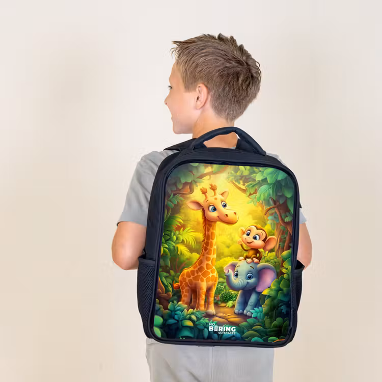 Kinderrucksack - Schwarz - Giraffe, Elefant und Affe im Wald — 2