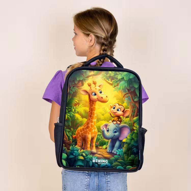 Kinderrucksack - Schwarz - Giraffe, Elefant und Affe im Wald — 4