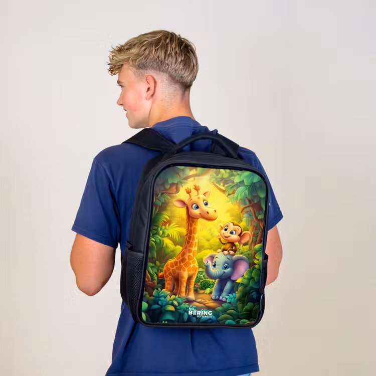 Kinderrucksack - Schwarz - Giraffe, Elefant und Affe im Wald — 5