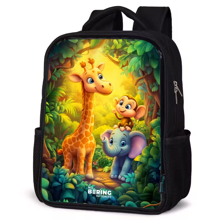 Kinderrucksack - Schwarz - Giraffe, Elefant und Affe im Wald — 6