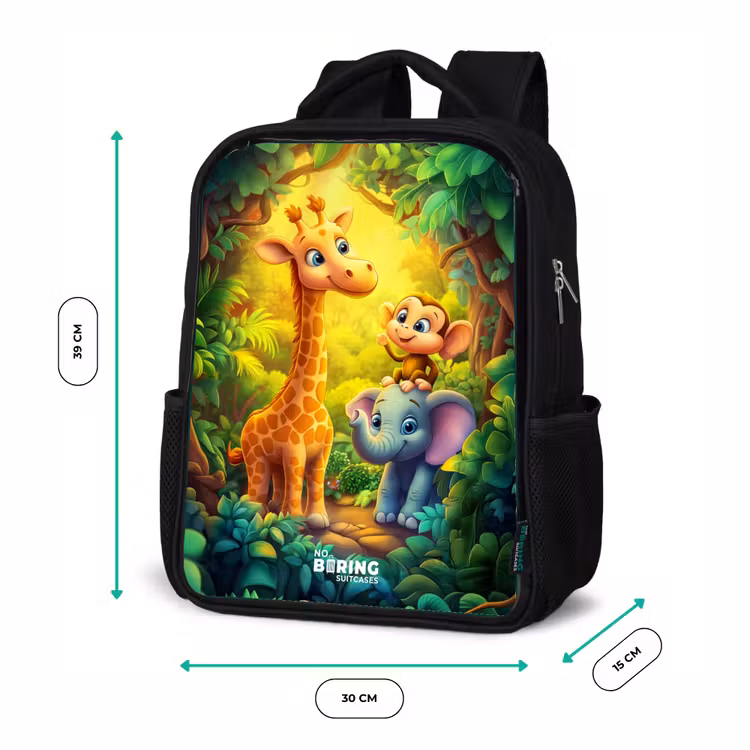Kinderrucksack - Schwarz - Giraffe, Elefant und Affe im Wald — 8