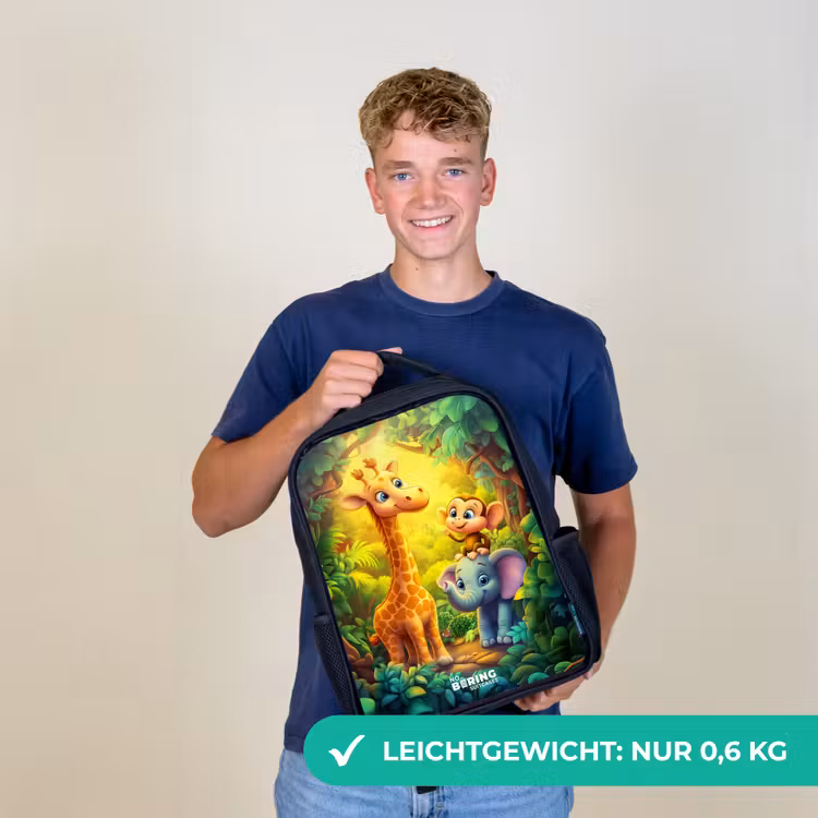 Kinderrucksack - Schwarz - Giraffe, Elefant und Affe im Wald — 9