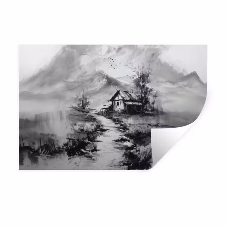 Wandtattoo – Hütte - Grau - Berge - Neblig — 1