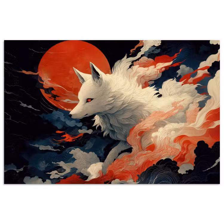 Poster - Weißer Fuchs - Wolken - Mond — 1