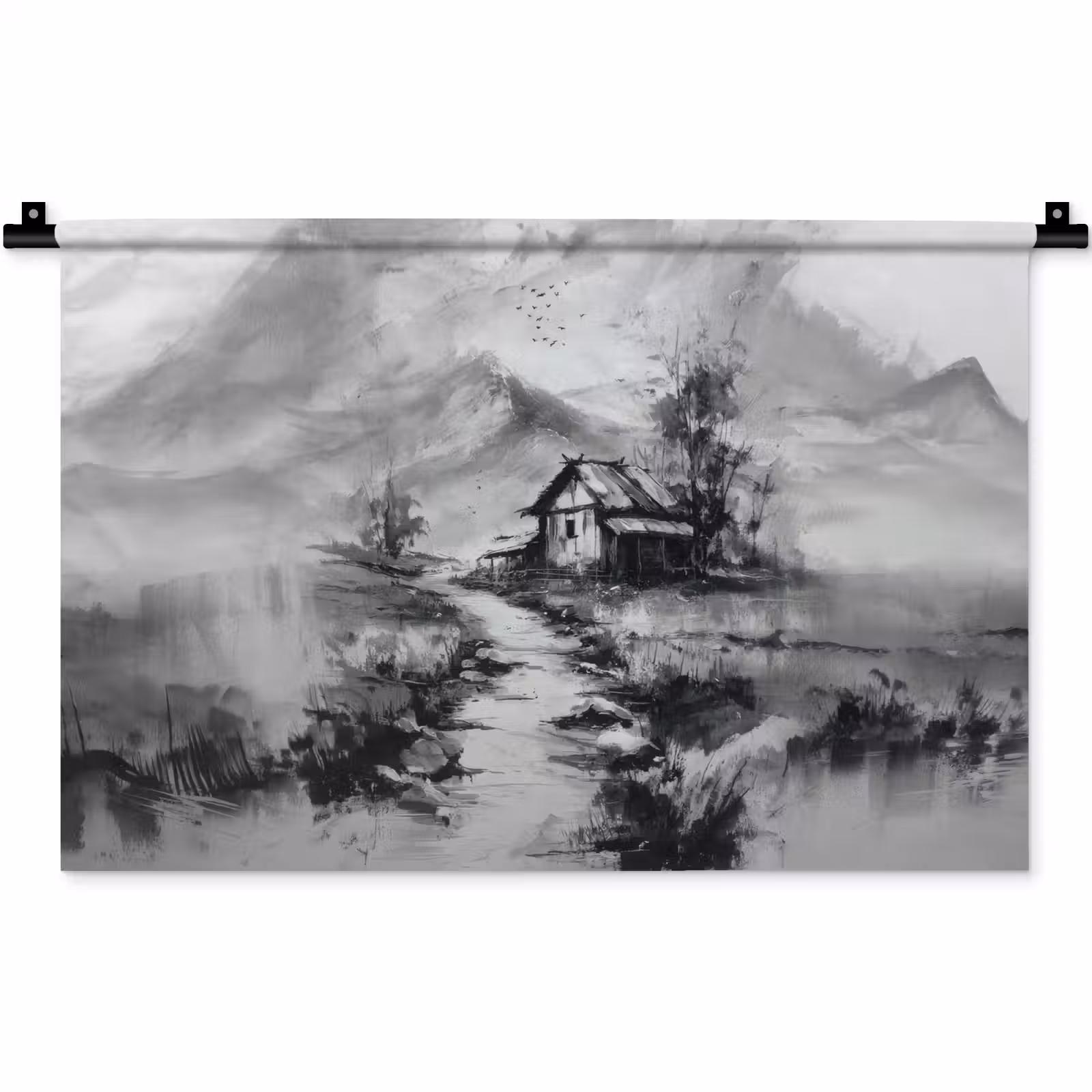 Wandteppich - Hütte - Grau - Berge - Neblig — 1