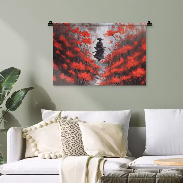 Wandteppich - Rote Blumen - neblig - Mann — 4