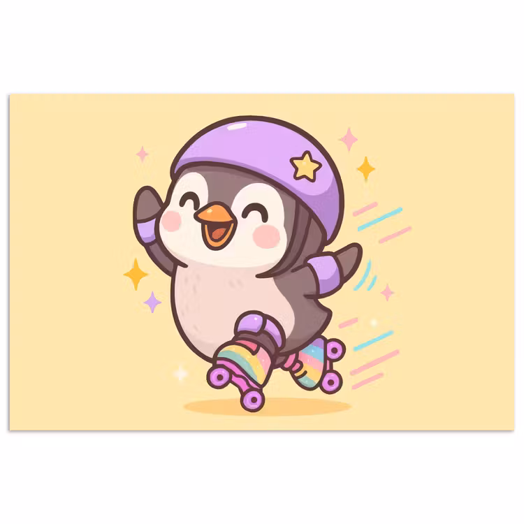 Poster - Pinguin - Rollschuhe - Gelb - Energetisch — 1