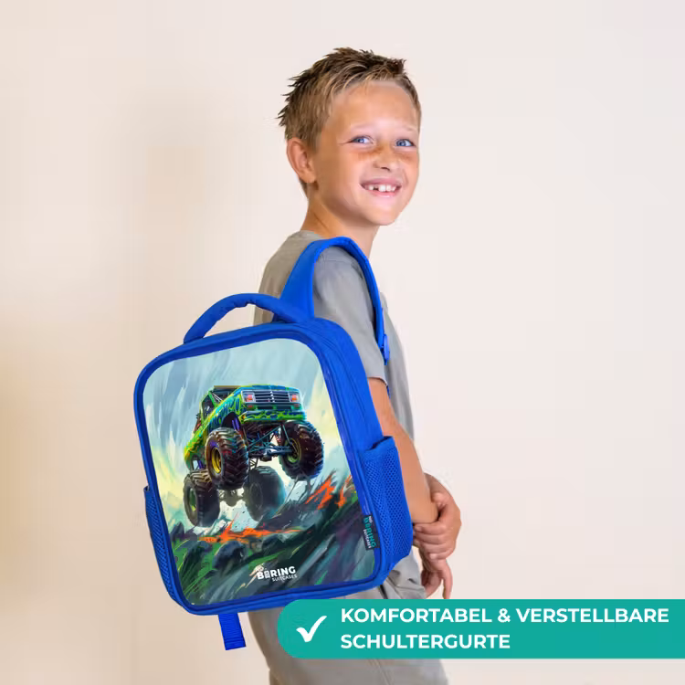 Kinderrucksack - Blau - Grüner Monstertruck mit Pinselstrichen — 3