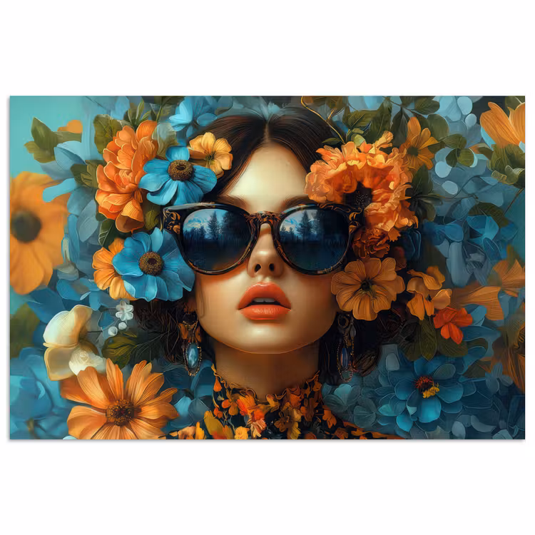 Poster - Frau - Blumen - Orange - Blau - Modern — 1