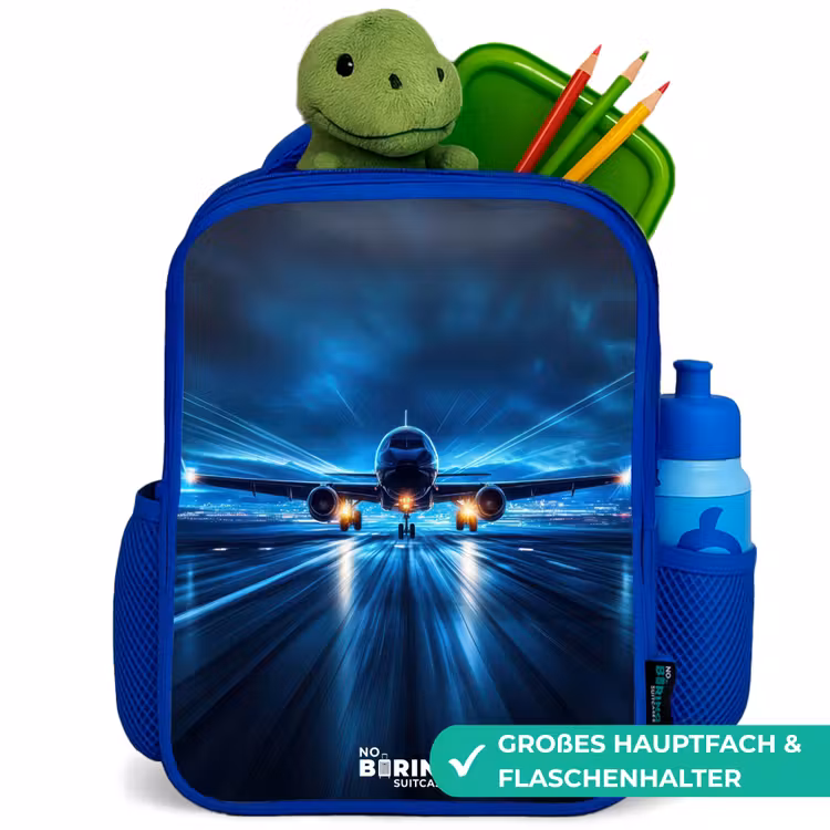 Kinderrucksack - Blau - Ein Flugzeug hebt in einer futuristischen Nachtlandschaft ab — 4