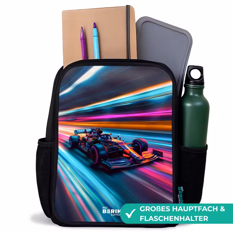 Kinderrucksack mit Namen - Schwarz - Rennwagen mit bunten Lichtspuren — 10