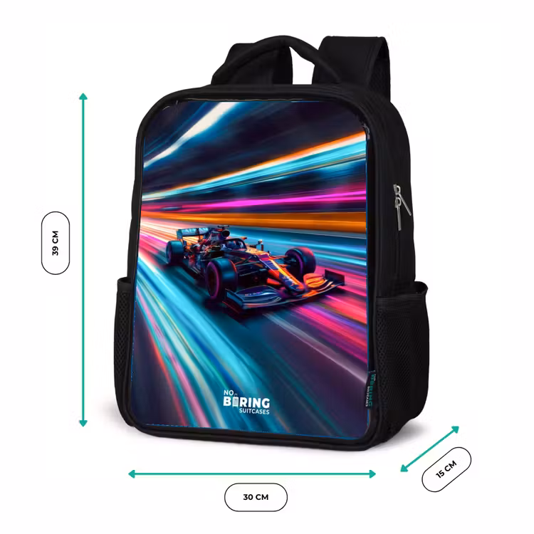Kinderrucksack mit Namen - Schwarz - Rennwagen mit bunten Lichtspuren — 8