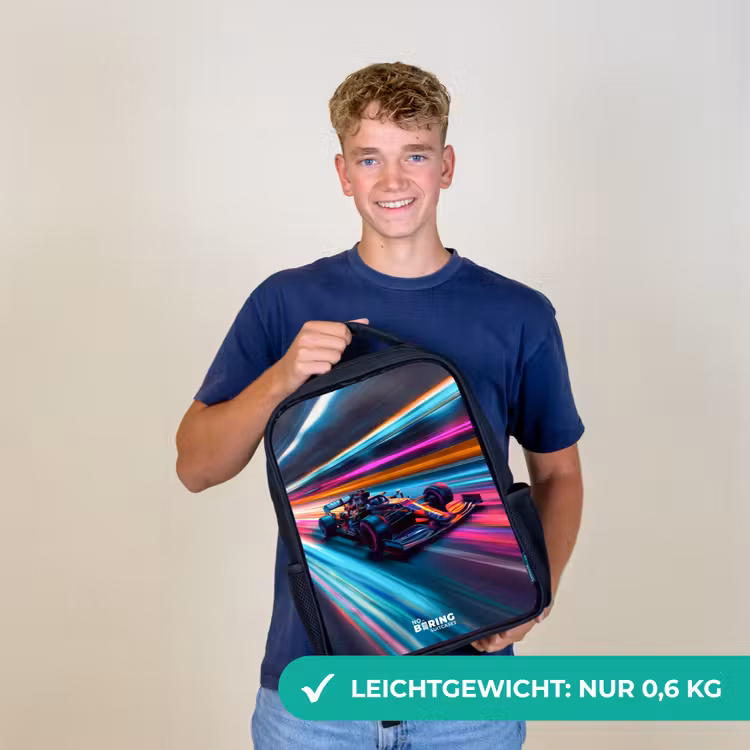 Kinderrucksack mit Namen - Schwarz - Rennwagen mit bunten Lichtspuren — 9