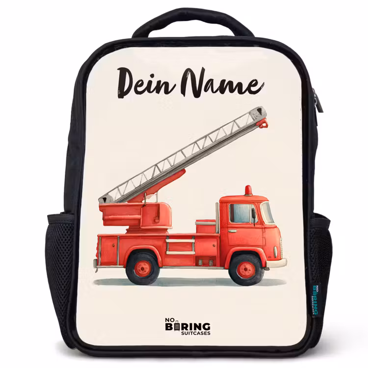 Kinderrucksack mit Namen - Schwarz - Feuerwehrauto - Signiert - Rot — 1