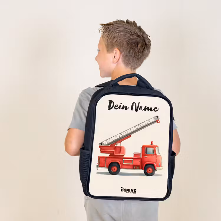 Kinderrucksack mit Namen - Schwarz - Feuerwehrauto - Signiert - Rot — 2