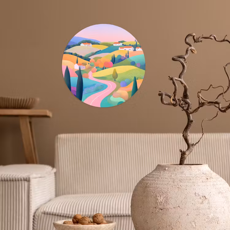 Runde Tapete - Landschaft - Lila - Pastell - Häuser — 2