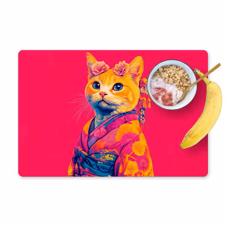 Tischset - 6 Stück - Katze - Kimono - Blumen - Rosa — 1