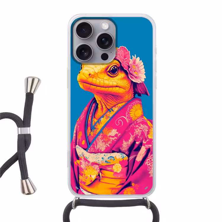 Handyhülle mit Band - Blumenkranz - Eidechse - Kimono - Lila — 1