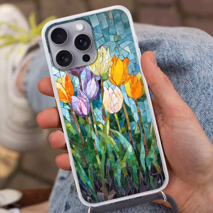 Handyhülle mit Band - Mosaik - Feld - Tulpen - Farbenfroh — 2
