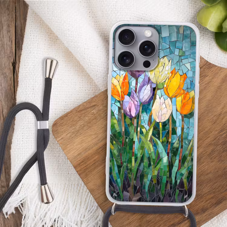 Handyhülle mit Band - Mosaik - Feld - Tulpen - Farbenfroh — 3