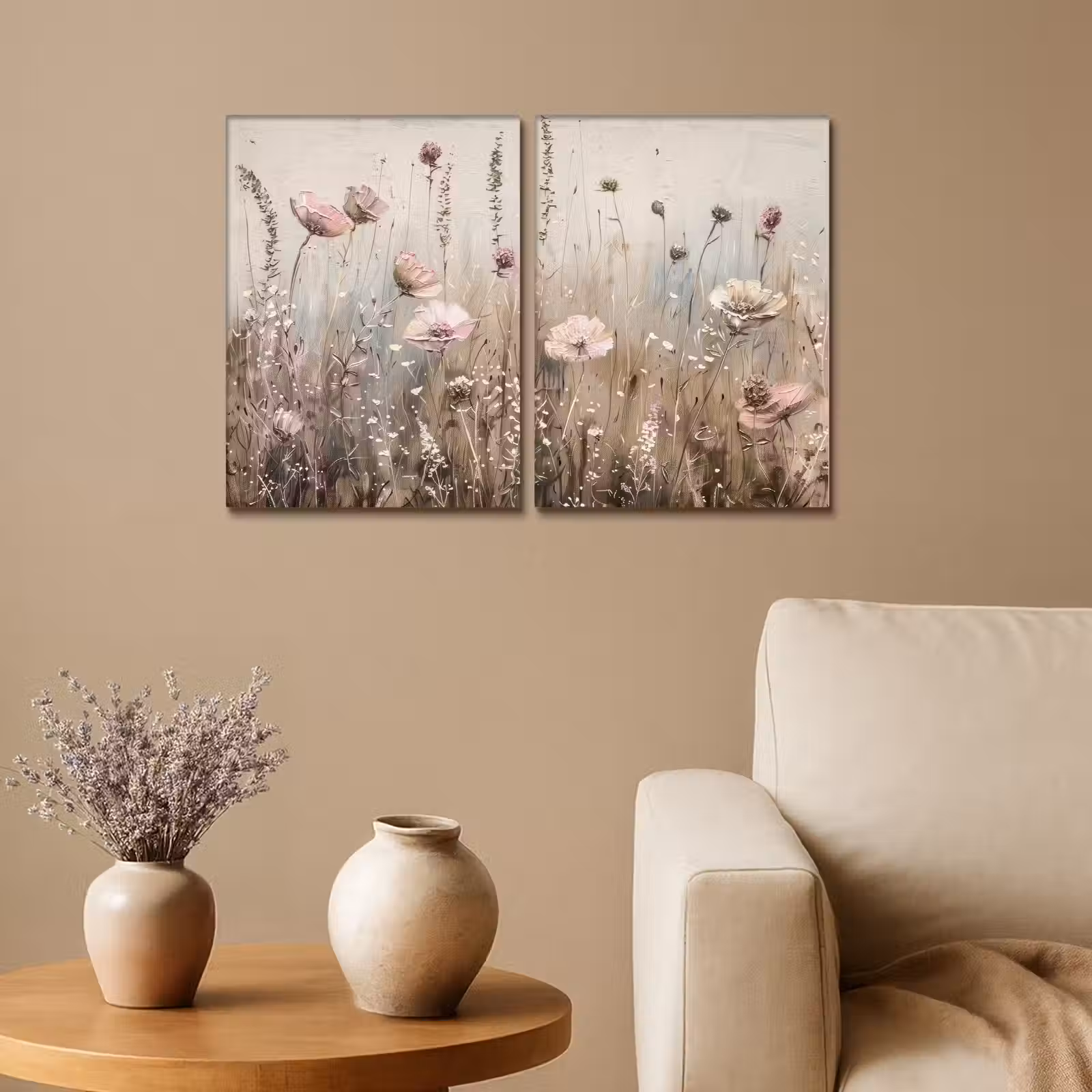 Leinwandbild - 2-teilig - Blumen - Beige - Modern - Rosa — 1