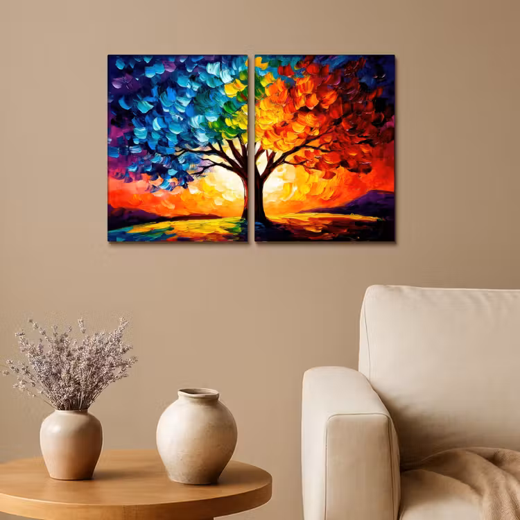 Leinwandbild - 2-teilig - Baum - Farbenfroh - Malerei-Look - Abstrakt — 1