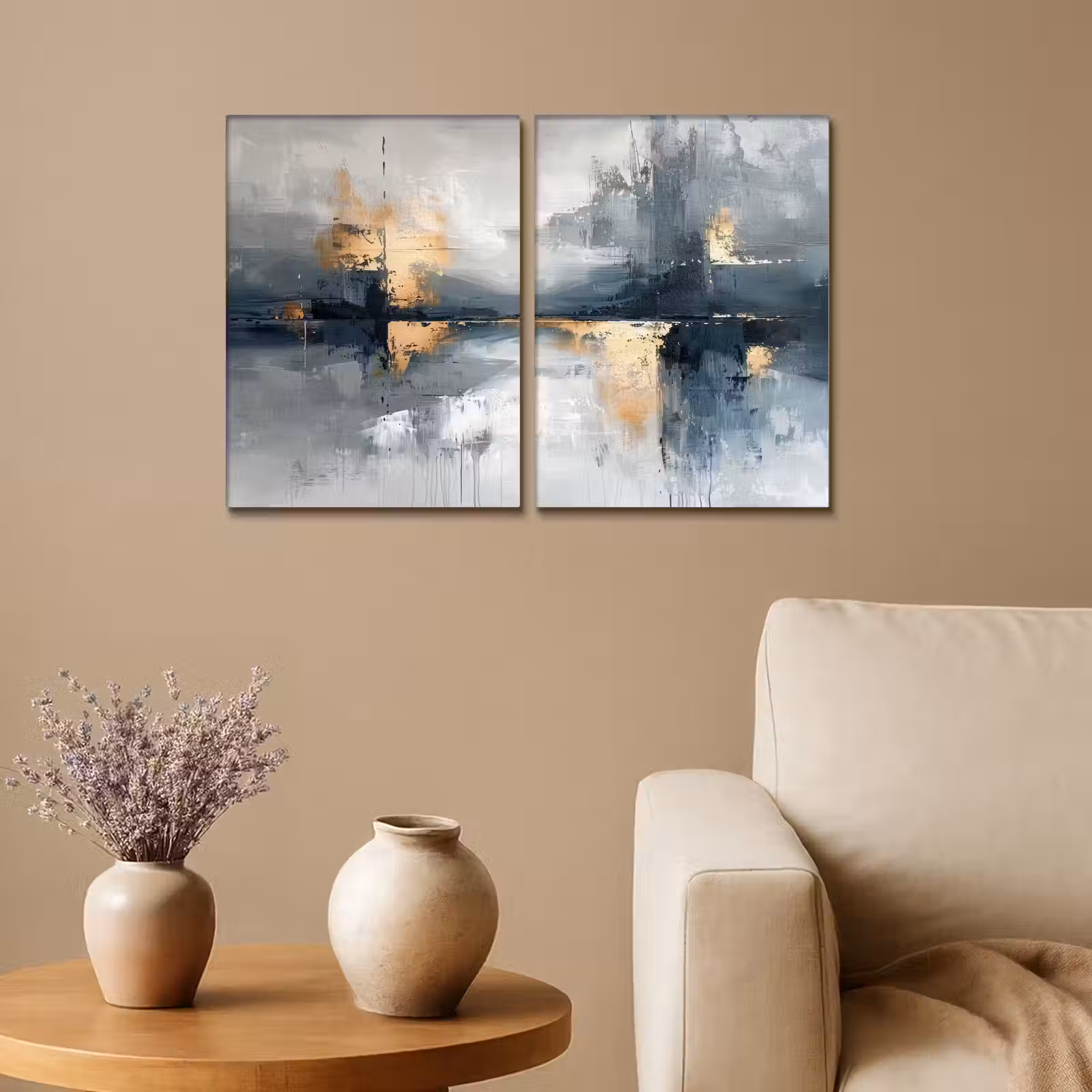 Leinwandbild - 2-teilig - Abstrakt - Grau - Gold - Modern — 1