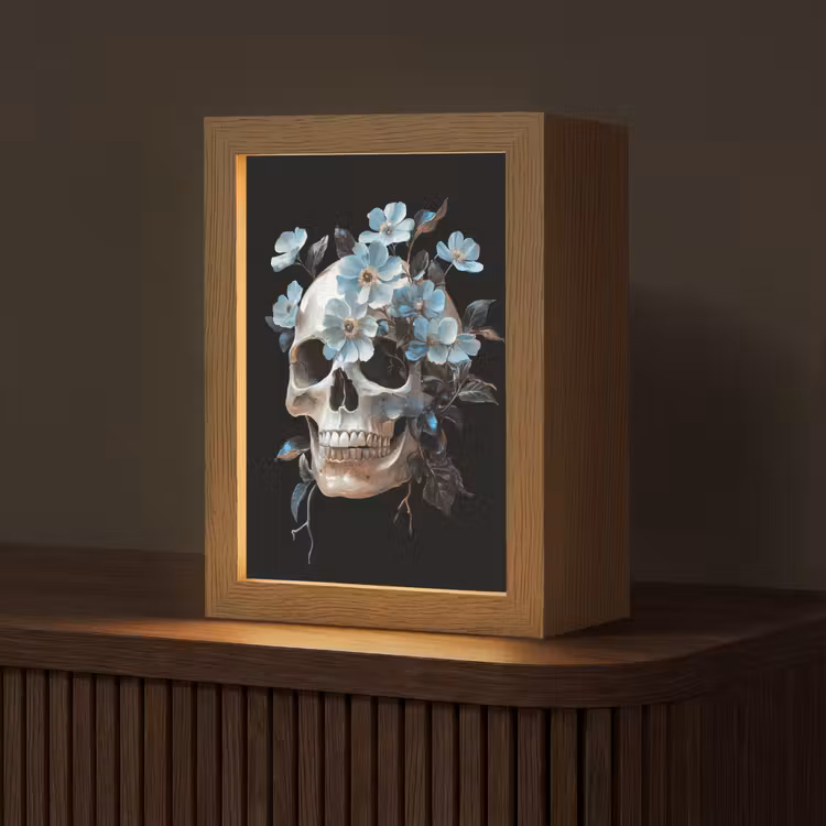 Tischlampe - Totenkopf - Blau - Blumen - Blätter — 1