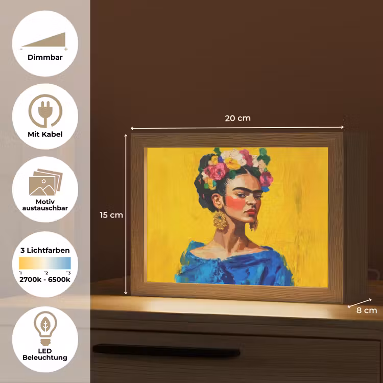 Lightbox - Wandleuchte - Frida Kahlo - Frau - Gelb - Blau - Blumen — 9