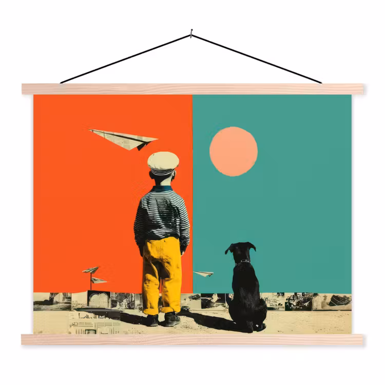 Stoffbild - Retro - Junge - Hund - Rot - Grün — 1