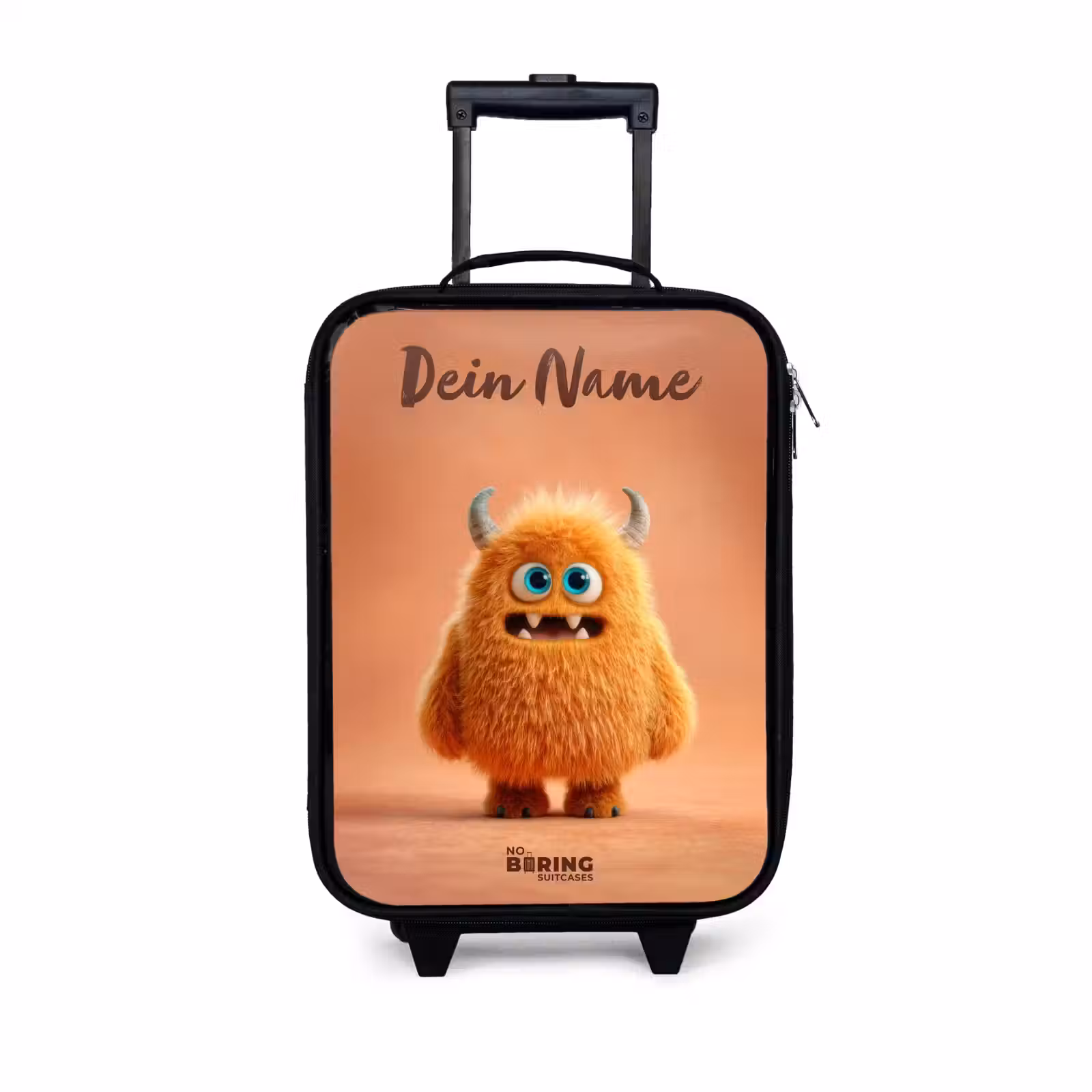 Kinderkoffer mit Name - Orangefarbenes flauschiges Monster mit Hörnern — 1