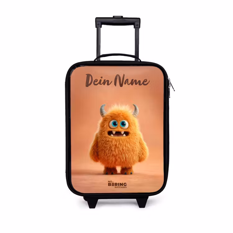 Kinderkoffer mit Name - Orangefarbenes flauschiges Monster mit Hörnern — 1