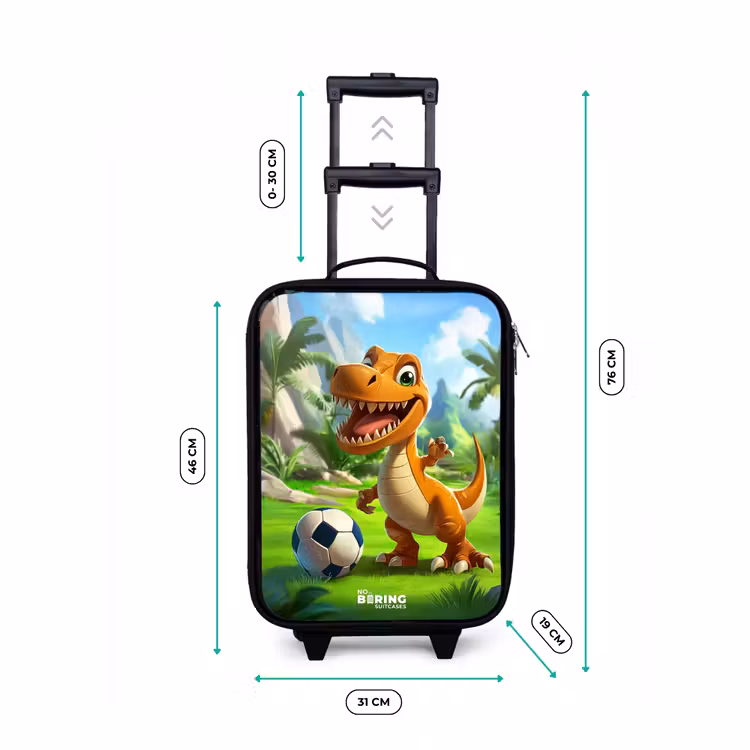Kinderkoffer - Dino mit einem Fußball in grüner Landschaft — 7
