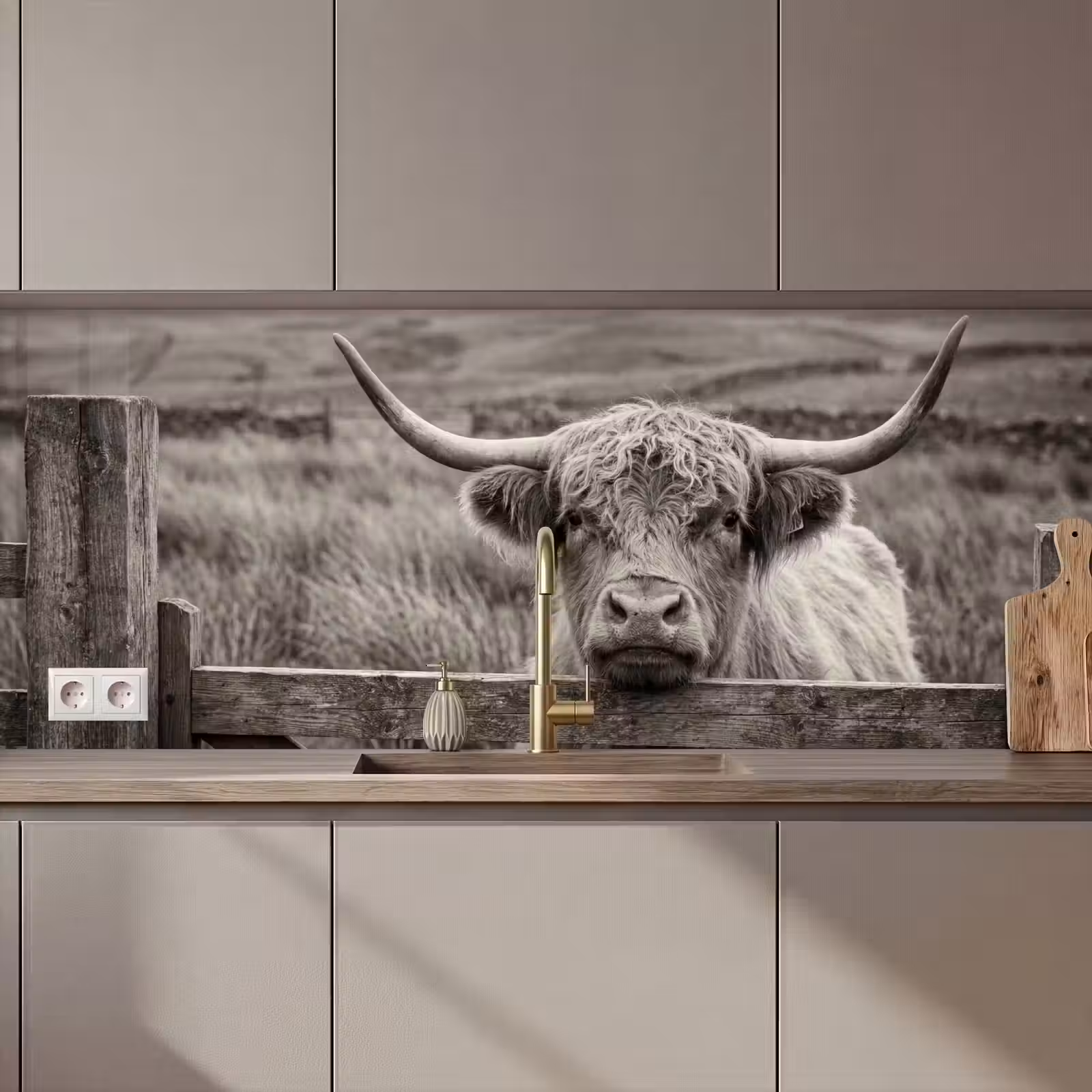 Küchenrückwand - Schottischer Highlander - Schwarz - Weiß - Holz — 1