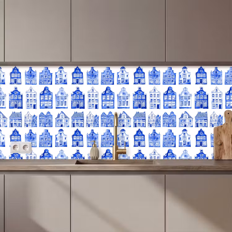 Küchenrückwand - Muster - Häuser - Blau — 1