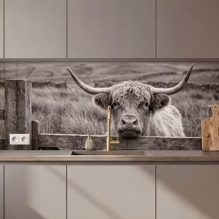 Küchenrückwand - Schottischer Highlander - Schwarz - Weiß - Holz — 1