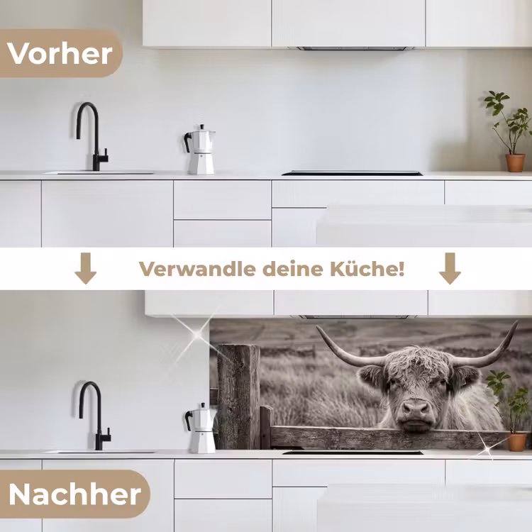 Küchenrückwand - Schottischer Highlander - Schwarz - Weiß - Holz — 3