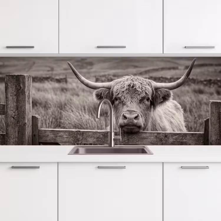 Küchenrückwand - Schottischer Highlander - Schwarz - Weiß - Holz — 4