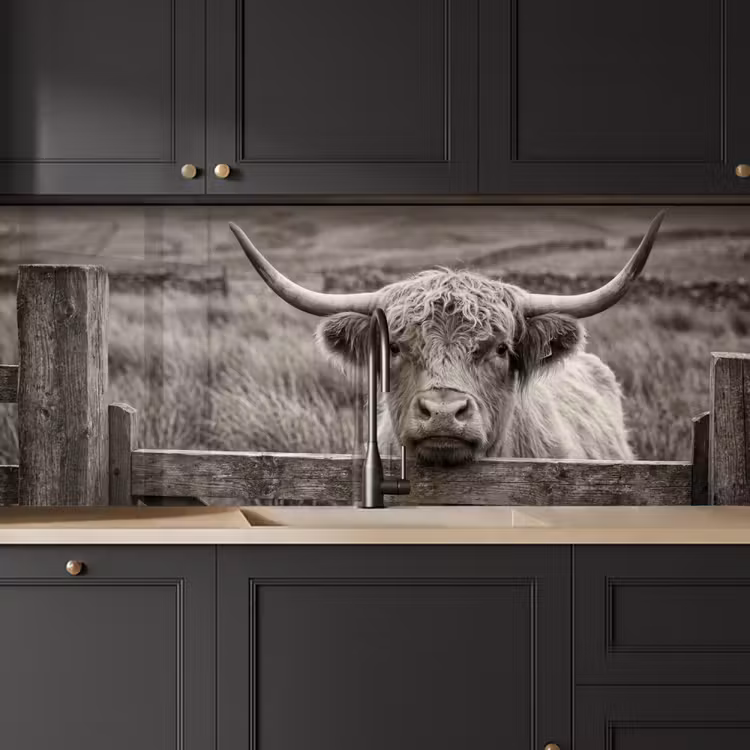 Küchenrückwand - Schottischer Highlander - Schwarz - Weiß - Holz — 6